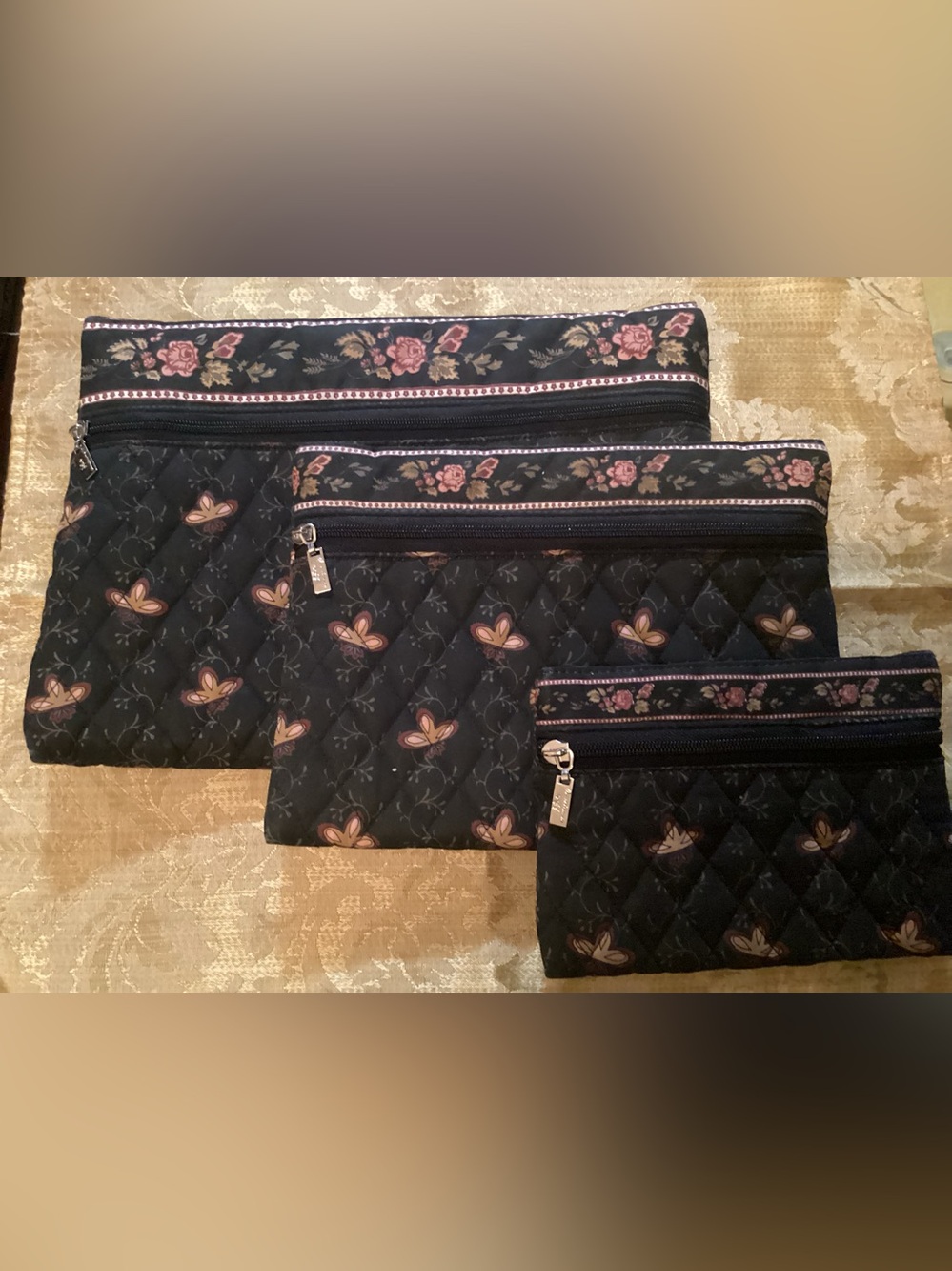 Quilted Black Floral Zip Pouch Set - 3 Piece -Almericana Sherif